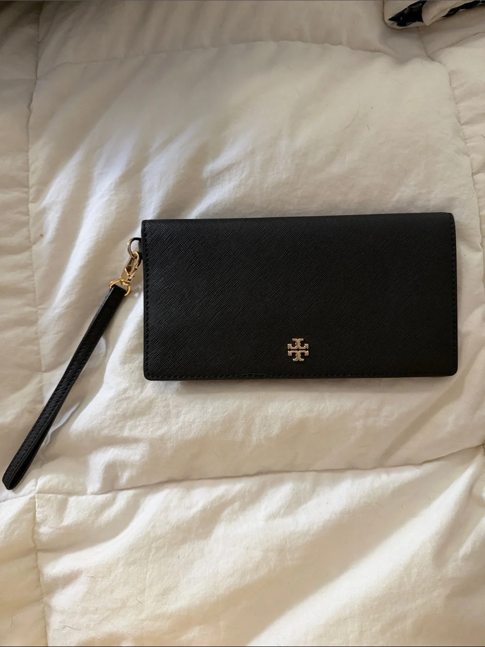 Tory Burch Black Saffiano Wristlet Card Holder with Gold Logo